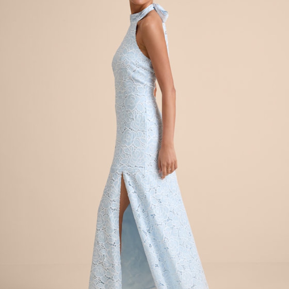 Lulus Vaelyn Light Blue Crochet Lace Halter Maxi Dress - Size M